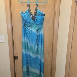 Blue Halter Beaded Tie-Dye Maxi Dress Plus Sized 24W NEW